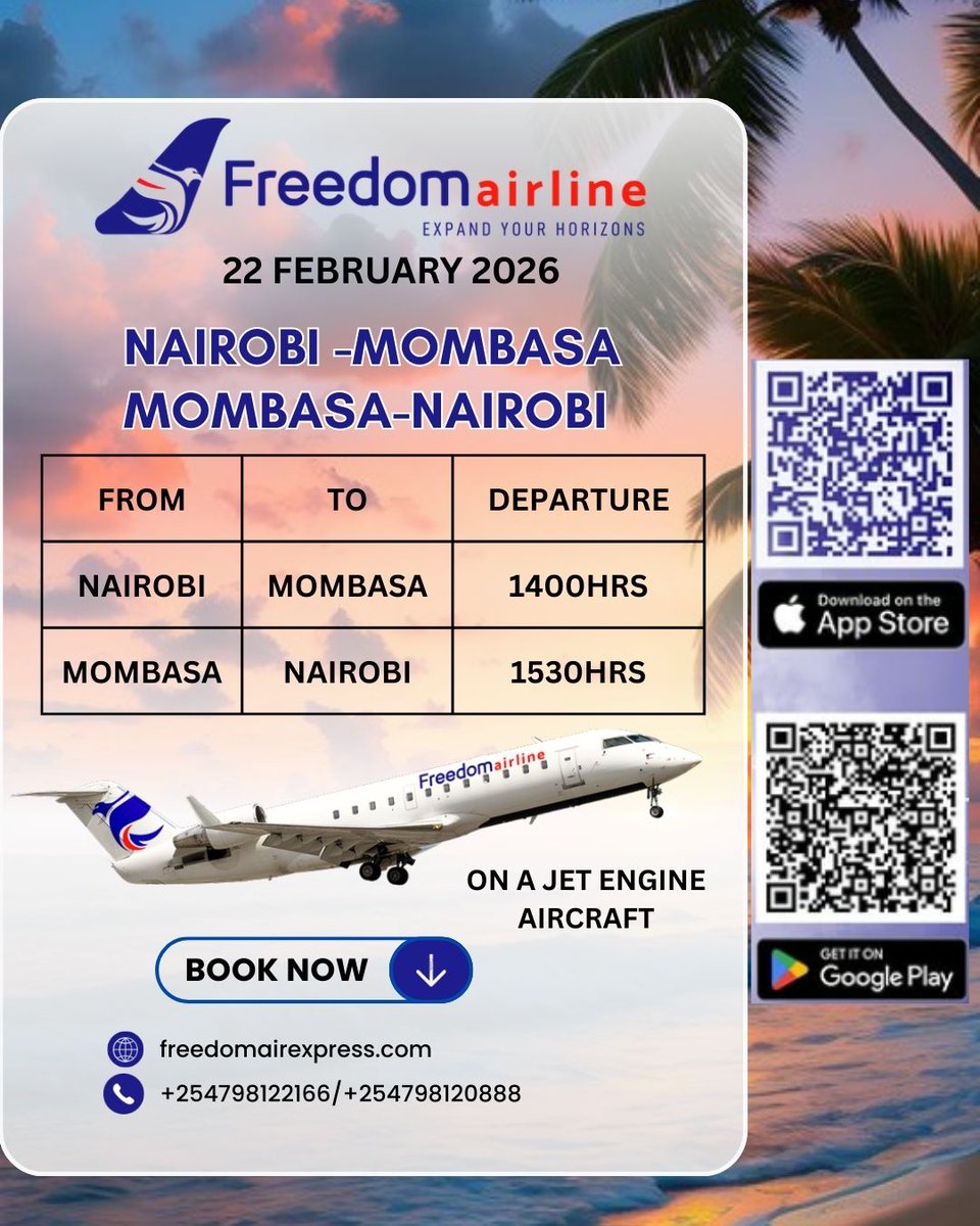 FreedomAirKe's tweet image. Nairobi ↔ Mombasa ✈️🌊
22nd Feb 2026
🕑 14:00 (NBO)
🕞 15:30 (MBA)
✈️ CRJ-200

Your February getaway starts with Freedom Airline.
Book now 👉 freedomairexpress.com

#FlyFreedom #NairobiToMombasa #TravelKenya