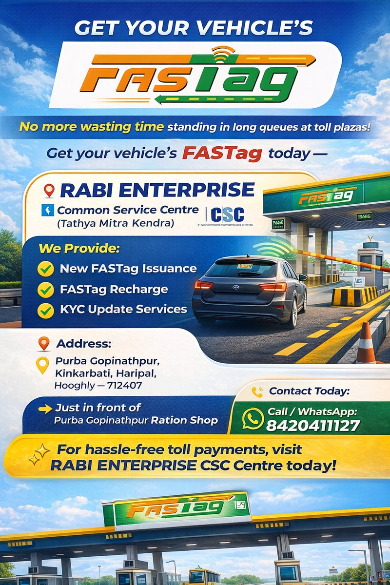 infoEnterprise7's tweet photo. 🚗 টোল প্লাজায় আর লম্বা লাইনে দাঁড়িয়ে সময় নষ্ট নয়!
এখনই তৈরি করুন আপনার গাড়ির FASTag
সহজ, দ্রুত এবং সম্পূর্ণ নিরাপদ পরিষেবা নিয়ে হাজির —
📍 RABI ENTERPRISE
🟦 Common Service Centre (Tathya Mitra Kendra)
এখানেই পাওয়া যাচ্ছে নতুন FASTag ইস্যু, রিচার্জ ও KYC আপডেট সুবিধা। https://t.co/Ou09ES92oL