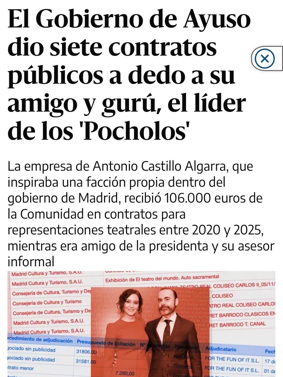 ‼️ El hermano se lleva las mascarillas. El novio defrauda a Hacienda. El amigo y gurú se lleva 7 contratos a dedo y una fundación de 6 millones creada a su medida.

¿Queda alguien del entorno de Ayuso sin forrarse con dinero público?
eldiario.es/madrid/gobiern…