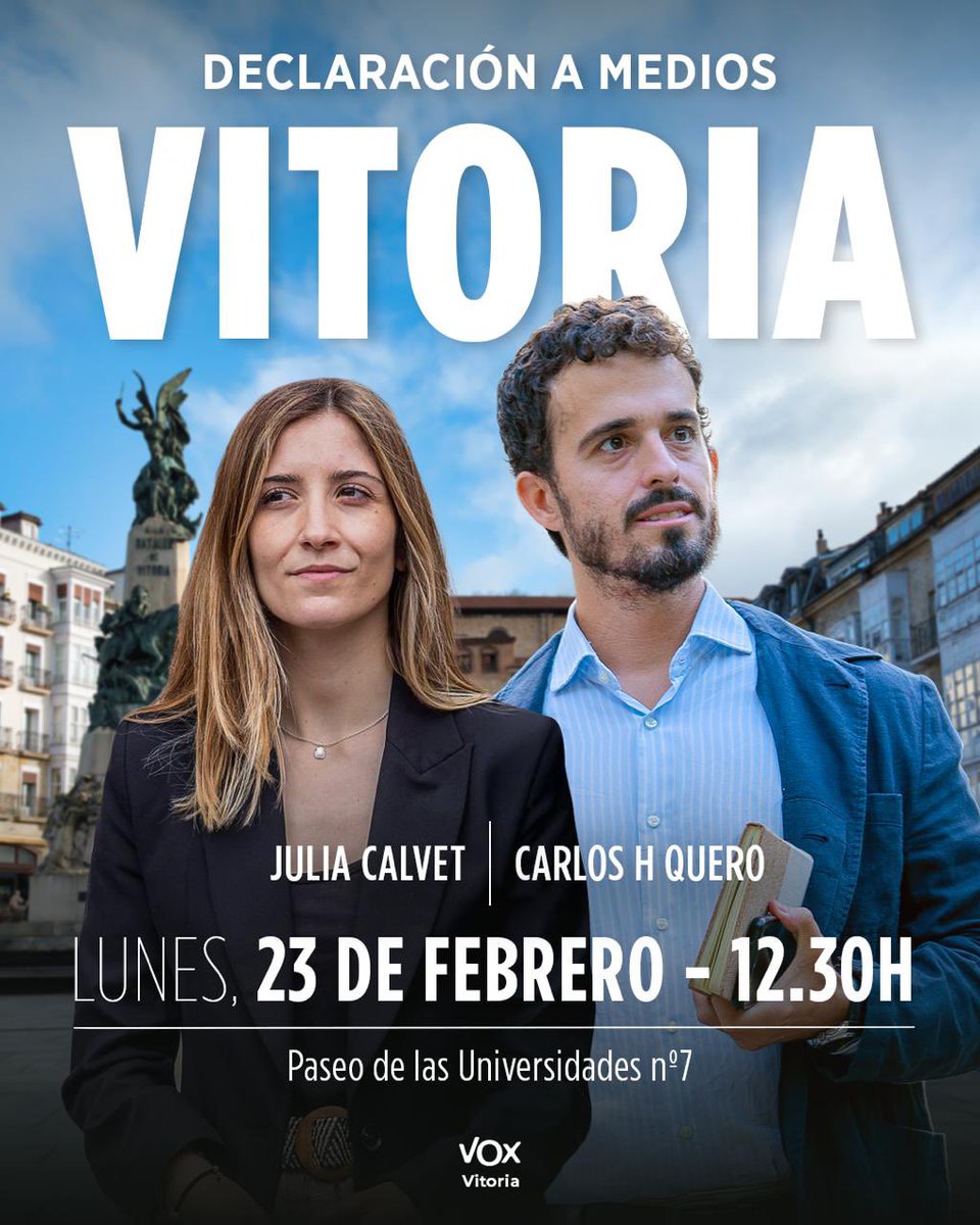 📢 Este lunes estaremos en Vitoria con nuestra portavoz nacional de Juventud <a href="/JCPuig_/">Júlia Calvet Puig</a> y con nuestro diputado <a href="/CarlosHQuero/">Carlos H. Quero</a>.

🗓️ Lunes 23 de febrero
🕧 12:30 h
📍 Paseo de las Universidades nº7, Vitoria

En defensa de la libertad en la universidad frente a la izquierda abertzale.