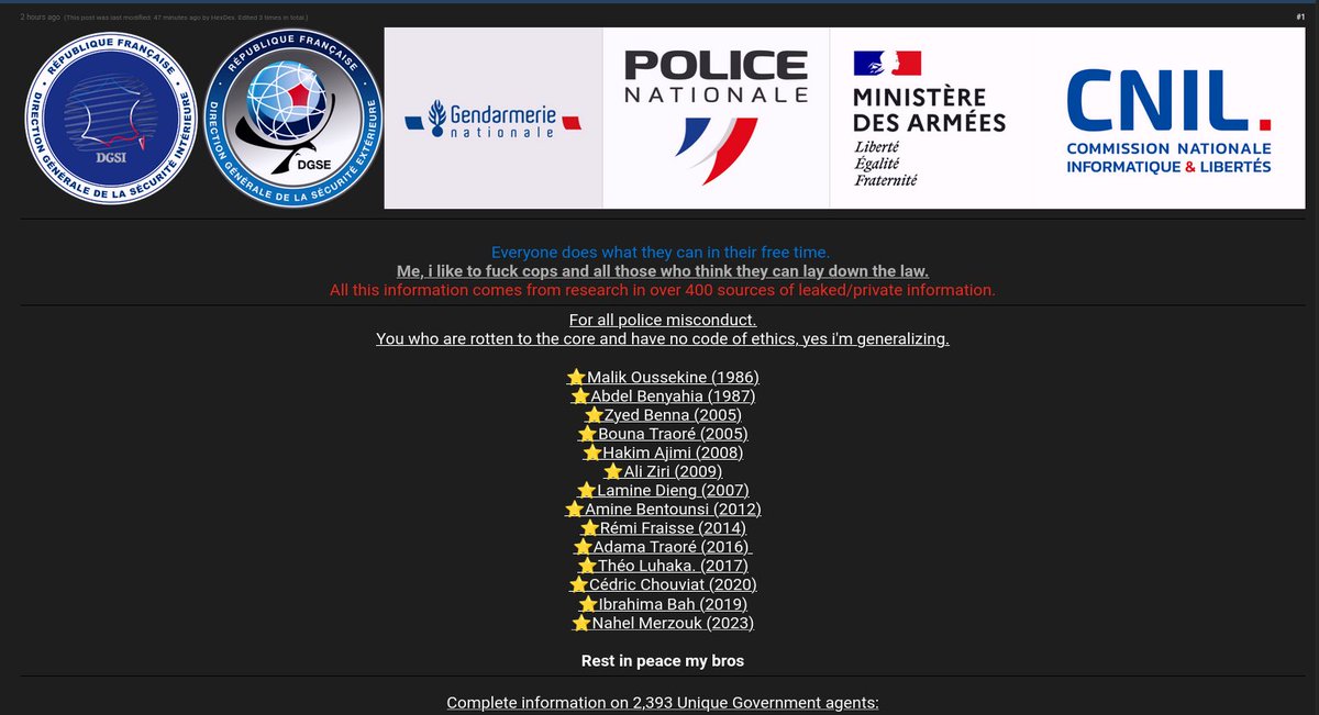 _SaxX_'s tweet image. 🚨🔴🇫🇷 Les données professionnelles d'agents de différents services divulguées : DGSI, DGSE, Défense, Gendarmerie, Police, CNIL, ...

Un cybercriminel joue très dangereusement avec le feu et vient de franchir le point de non retour... Il publie une base de données, issue de