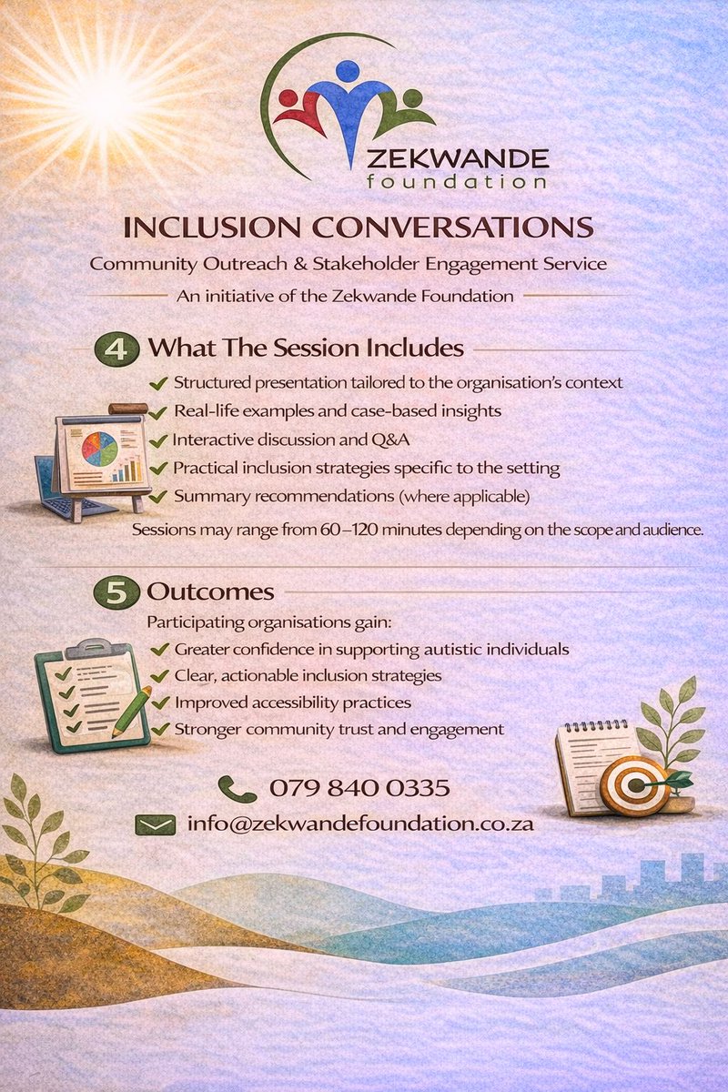 Introducing our Inclusion Conversations

Inclusion is not just awareness — it’s action. 💬

📞 079 840 0335
✉️ info@zekwandefoundation.co.za

#ZekwandeFoundation #ClaritySessions #AutismSupport #NonspeakingAutism #Neurodiversity