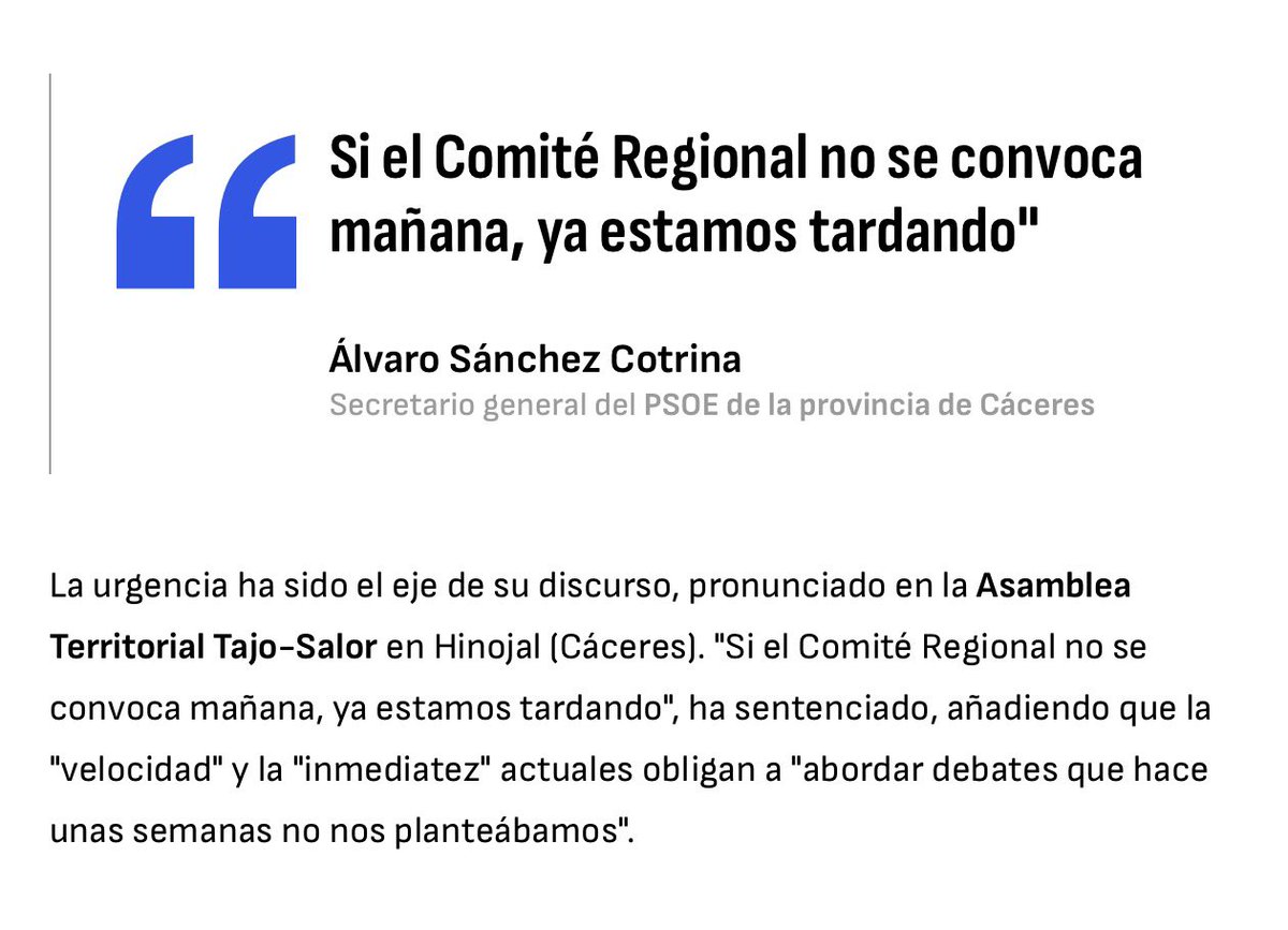 Este voluntarioso muchacho se ha convertido en un especialista en adivinar el pasado. 

Insta públicamente a la Gestora del PSOE de Extremadura para que convoque CON URGENCIA un Comité Regional y ponga en marcha la convocatoria del Congreso Extraordinario y las Primarias para