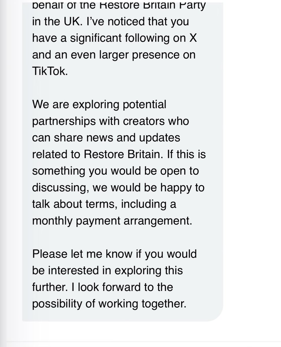 Today I opened up TikTok and received this message from a user account with a <a href="/RestoreBritain_/">Restore Britain</a> profile picture 🤣

Now you can see why news accounts on X are jumping on the bandwagon for <a href="/RestoreBritain_/">Restore Britain</a> 🤣

As Nigel Farage keeps saying “I cannot be brought” and I don’t run