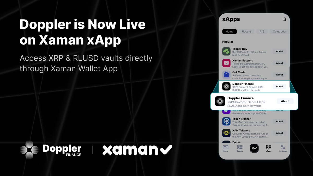 Doppler is live on Xaman.

Doppler is now integrated into <a href="/XamanWallet/">Xaman® Wallet 🪝</a> xApp.

Access Doppler Vault directly through the xApp tab and start earning XRP / RLUSD yield.

Open Xaman. Tap xApps. Start earning.