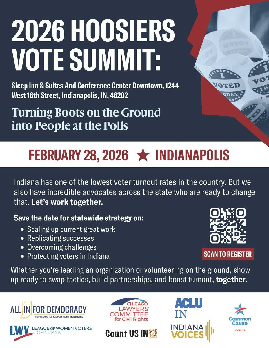 .<a href="/ACLUIndiana/">ACLU of Indiana</a> is hosting the 2026 Hoosiers Vote Summit to turn boots on the ground into people at the polls 2/28 @ 8:30 AM in downtown #Indy.
Join us to build strategy, share what’s working, and strengthen our collective impact.
aclu-in.org/event/hoosiers…

#HoosiersVote