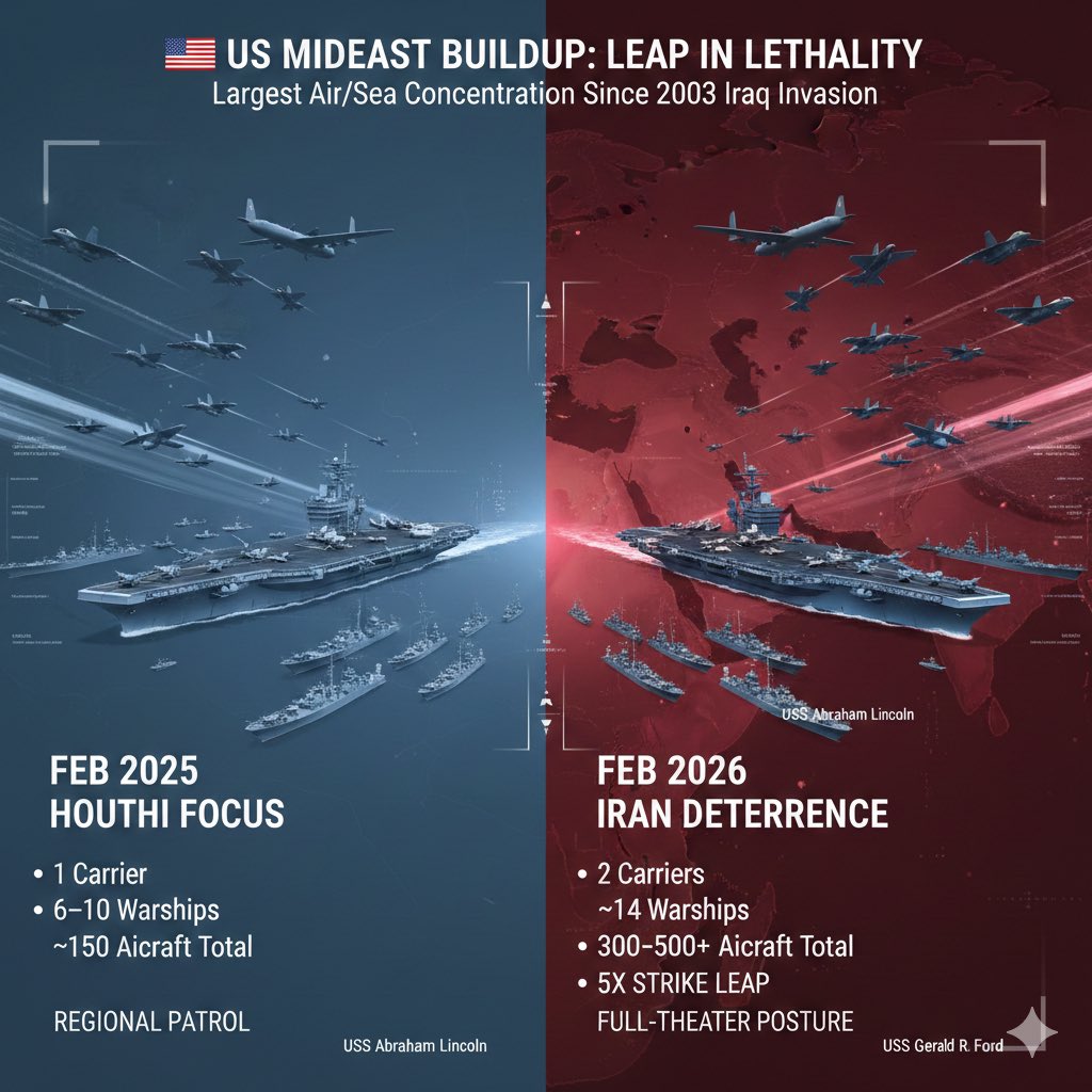 WhiskyGator61's tweet photo. Happy #REDFriday. Pray for troops deployed to largest US Mideast buildup since 2003. 2 carriers groups (dozen warships per) plus USN &amp; USAF airpower (500+). Nearly 40,000 troops. From Houthi focus to Iran deterrence. ~3–5x strike capability leap compared to last year. #Iran #USA https://t.co/MFqXuddsi1