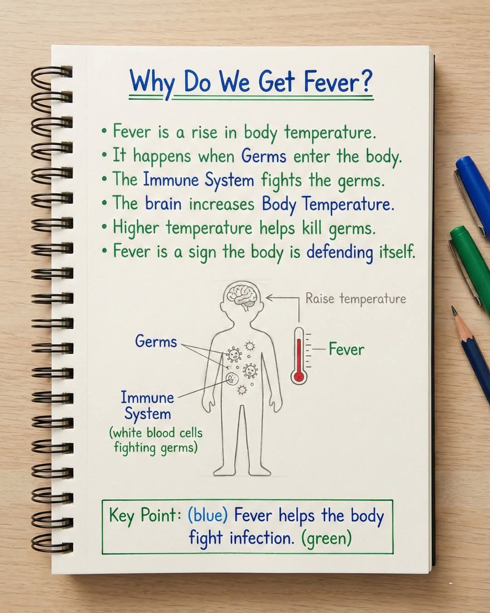 skglearning's tweet image. Fever – Body’s Defense Mechanism

Fever is a rise in body temperature when germs enter the body.
The immune system fights infection, &amp;amp; higher temperature helps kill germs.
Fever is often a sign that your body is protecting you.

#Fever #ImmuneSystem #HumanBody #BiologyBasics