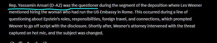 <a href="/DiligentDenizen/">Diligent Denizen 🇺🇸</a> I had to ask Grok WHO the "questioner" was.  It was Rep. Yassamin Ansari