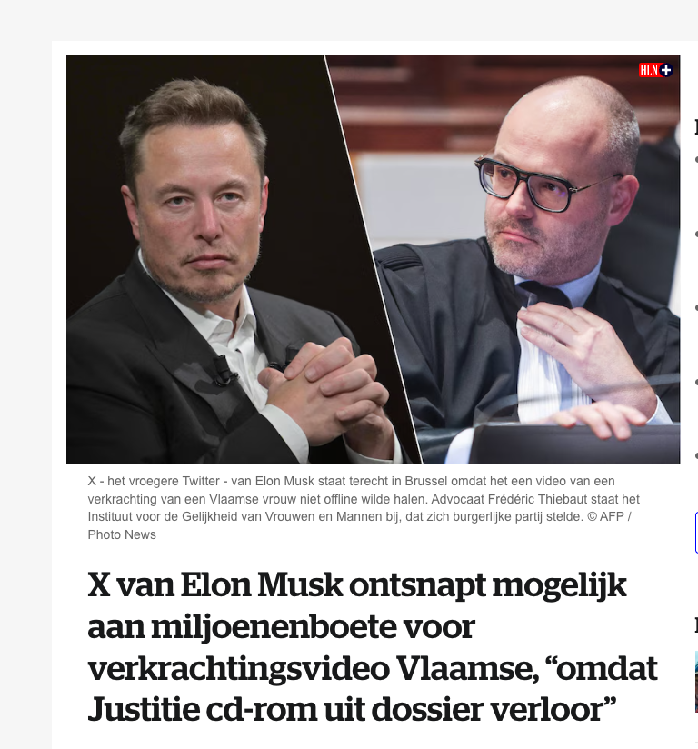 ArrowUpside's tweet photo. Onze media probeert ons nu weer wijs te maken dat Musk weigerde een verkrachtingsfilmpje van een Vlaamse vrouw te verwijderen.

Dat de zaak dateert van 2 jaar voor Musk Twitter overnam (kortom toen Twitter nog in handen van Links was), verzwijgen ze weer. https://t.co/4JzybG194u