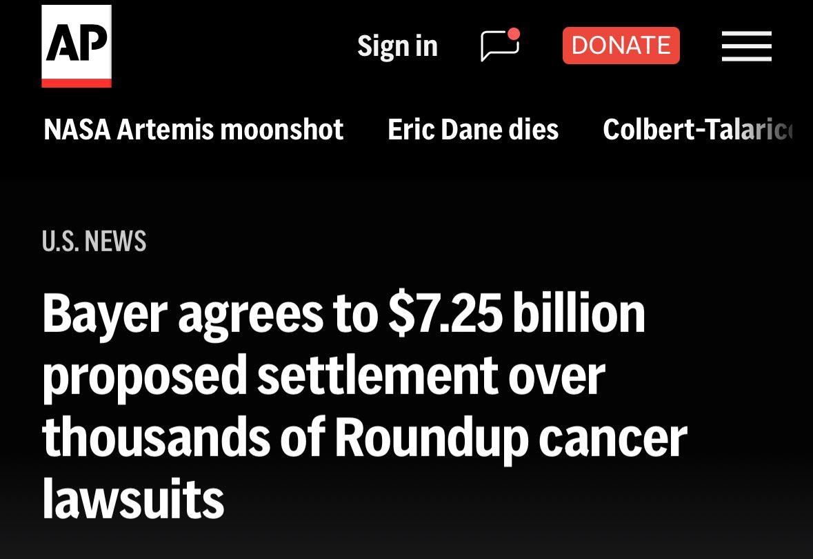 BreannaMorello's tweet image. 🚨TAKE A LOOK🚨

The day before President Donald Trump signed an executive order to prioritize and boost domestic production of glyphosate, Bayer/Roundup, announced a proposed $7.25 billion class action settlement to resolve current and future lawsuits claiming that glyphosate