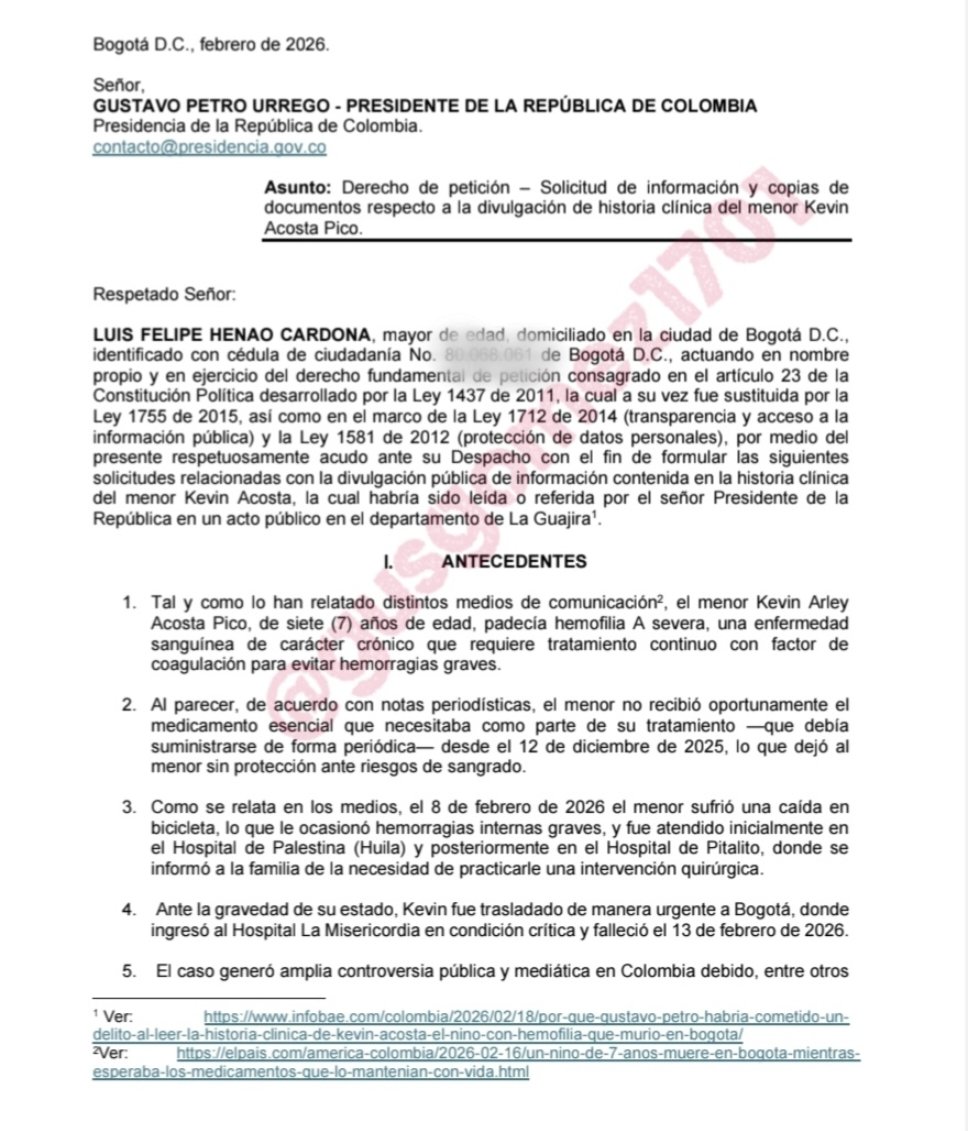 gusgomez1701's tweet image. El ex ministro @luisfelipehenao presenta un respetuoso derecho de petición al señor presidente para establecer la manera en que él reveló la historia médica del menor Kevin Acosta. ¿Hubo atropello a los derechos del menor y su familia? Pendientes de la respuesta formal,  y