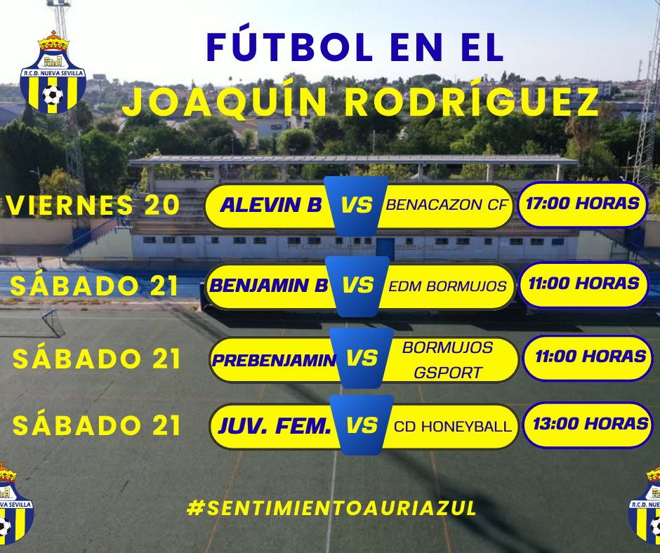 📅 Fin de semana de fútbol en nuestro estadio 🏟️ Joaquín Rodríguez. La jornada empieza hoy con el Alevín B y continúa y finaliza en la matinal del Sábado con el Benjamín B y Prebenjamin a la misma hora y pone el cierre nuestro Juvenil Femenino. 💙💛 !! Te esperamos ¡¡