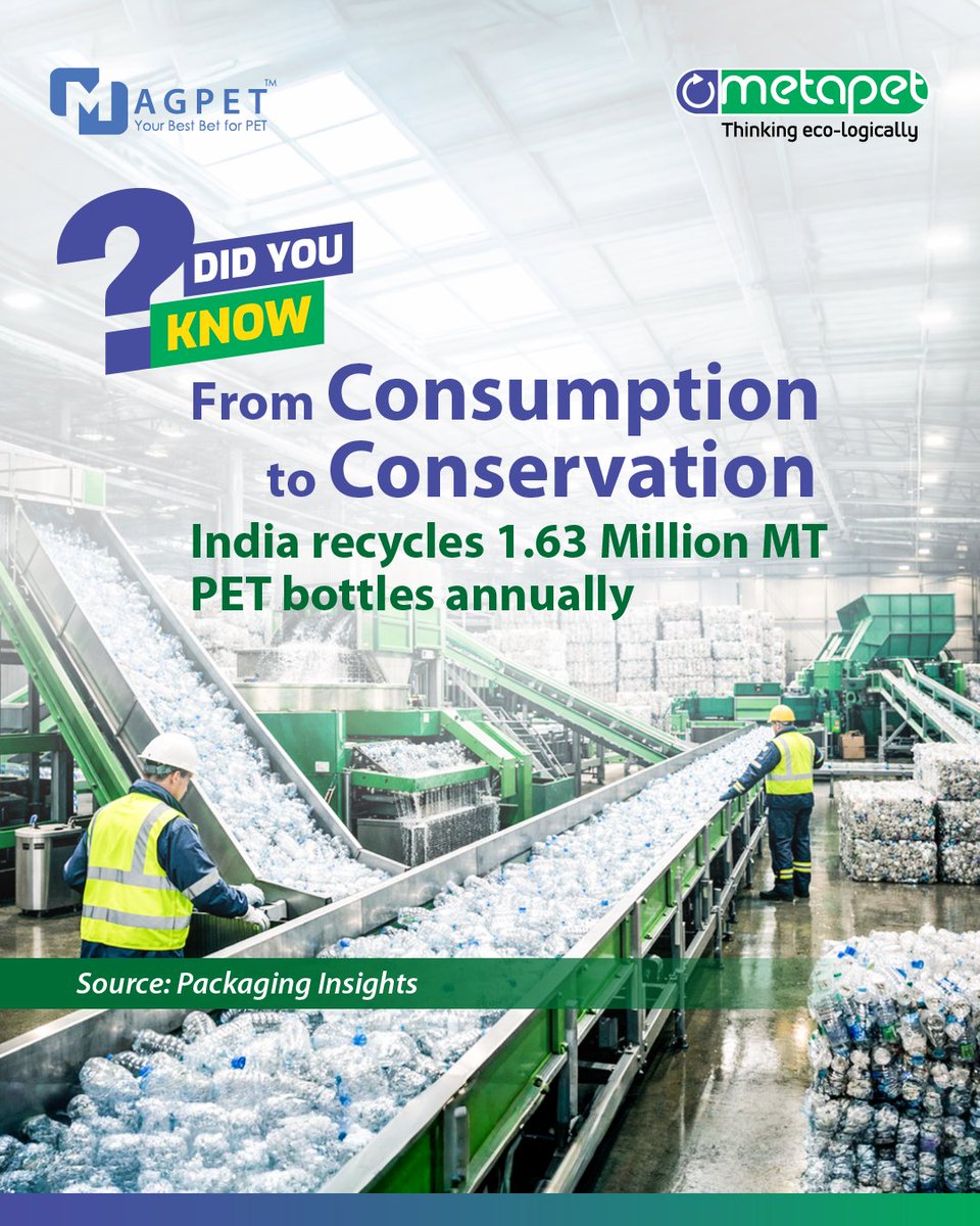 MagpetPolymers's tweet photo. India has developed a robust PET recycling network, recovering 95% of used bottles. #Magpet is strengthening this momentum by sorting, washing and converting discarded bottles into #rPET flakes. #MagpetPolymers #PETRecyclingIndia #CircularEconomy #PlasticWasteManagement https://t.co/RrBpQ7qqvD
