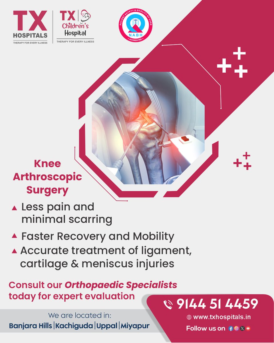 txhospitals's tweet image. Knee Arthroscopic Surgery | TX Hospitals
Advanced minimally invasive care for knee injuries with precision and faster healing.

📍 Banjara Hills | Kachiguda | Uppal | Miyapur
📞 9144 51 4459
🌐 txhospitals.in
#TXHospitals #KneeArthroscopy #Orthopaedics #SportsInjuryCare