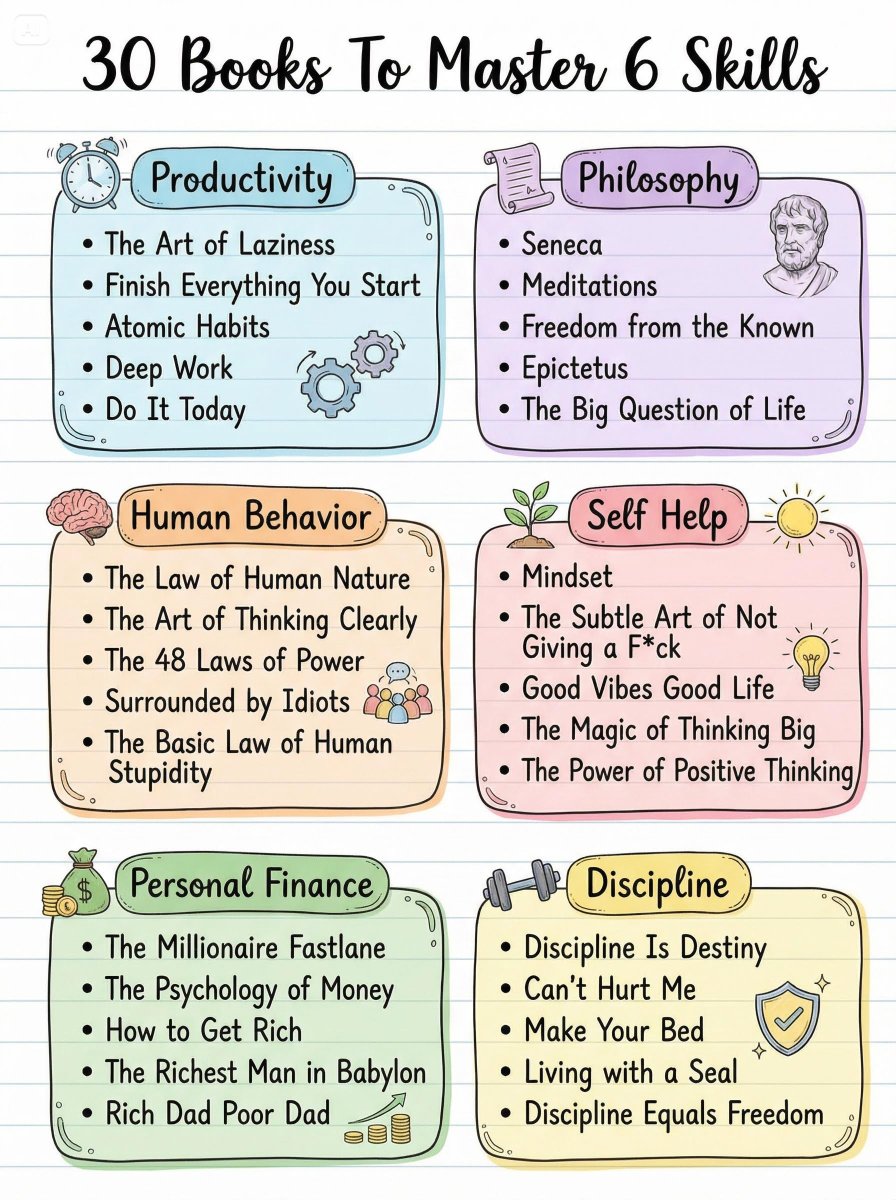 nrqa__'s tweet photo. 30 Books To Master 6 Skills

1. Productivity
- The Art of Laziness
- Finish Everything You Start
- Atomic Habits
- Deep Work
- Do It Today

2. Philosophy
- Seneca
- Meditations
- Freedom from the Known
- Epictetus
- The Big Question of Life

3. Human Behavior
- The Law of Human Nature
- The Art of Thinking Clearly
- The 48 Laws of Power
- Surrounded by Idiots
- The Basic Law of Human Stupidity

4. Self Help
- Mindset
- The Subtle Art of Not Giving a F*ck
- Good Vibes Good Life
- The Magic of Thinking Big
- The Power of Positive Thinking

5. Personal Finance
- The Millionaire Fastlane
- The Psychology of Money
- How to Get Rich
- The Richest Man in Babylon
- Rich Dad Poor Dad

6. Discipline
- Discipline Is Destiny
- Can’t Hurt Me
- Make Your Bed
- Living with a Seal
- Discipline Equals Freedom