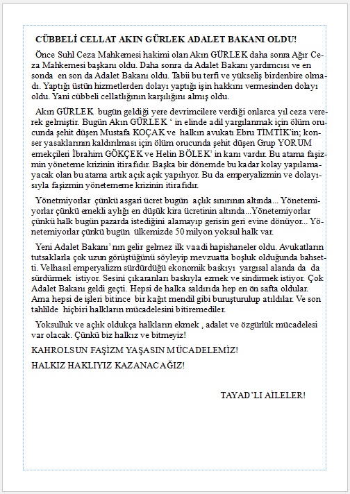 ADALET YENİ BAKANI AKIN GÜRLEK' E DAİR AÇIKLAMAMIZDIR!