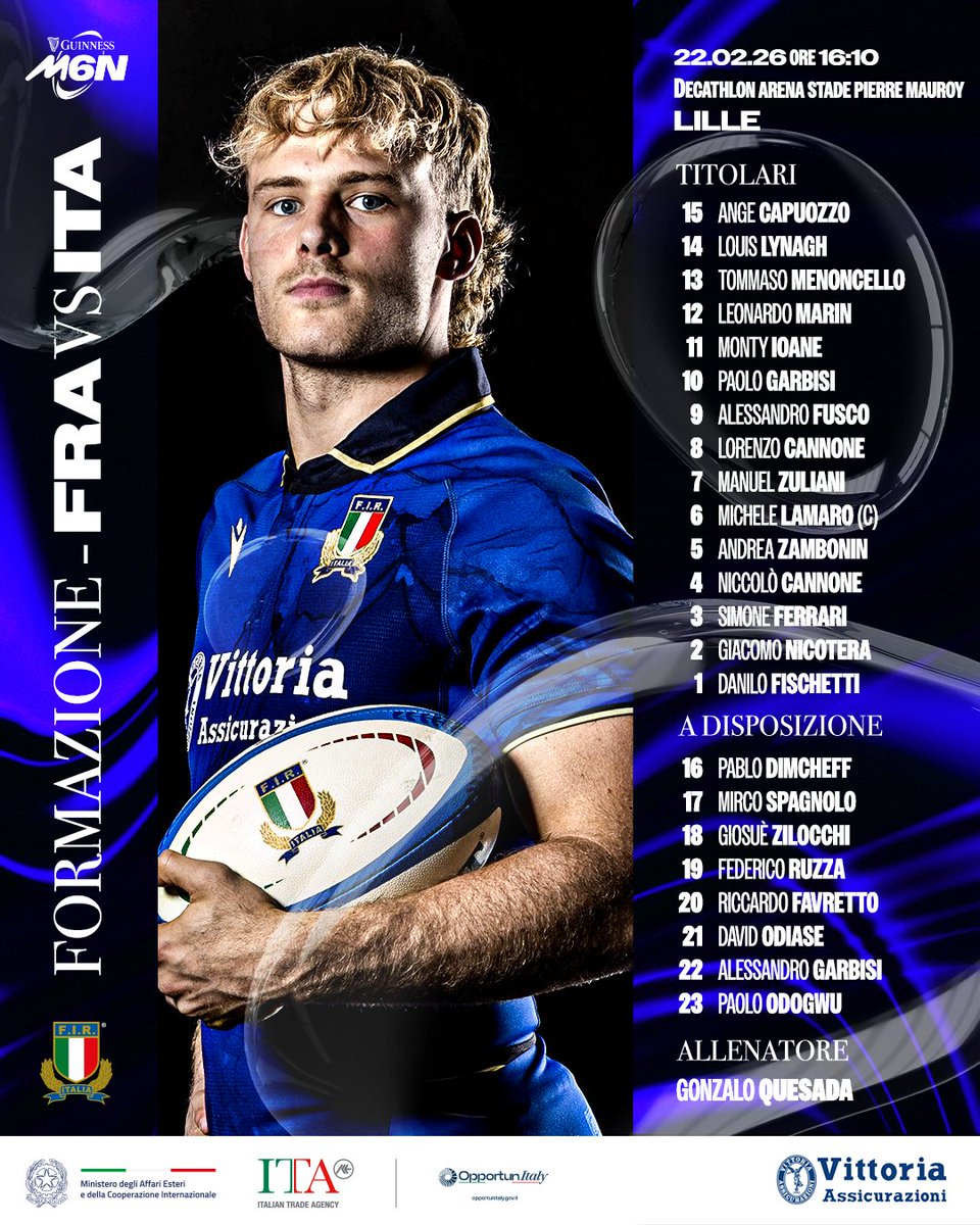 Federugby's tweet photo. La formazione scelta dal C.T. Gonzalo #Quesada per affrontare la Francia a Lille, rientra nel XV titolare Ange #Capuozzo 👉

#FRAvITA 🇫🇷🇮🇹
📆 Domenica 22 Febbraio
⏰ 16:10 
🏟 Decathlon Arena Stade P. Mauroy, Lille
📺 @SkySport Arena ▪ @TV8it ▪ @NOWTV_It

#GuinnessM6N #Insieme https://t.co/KCNBV6MeLM