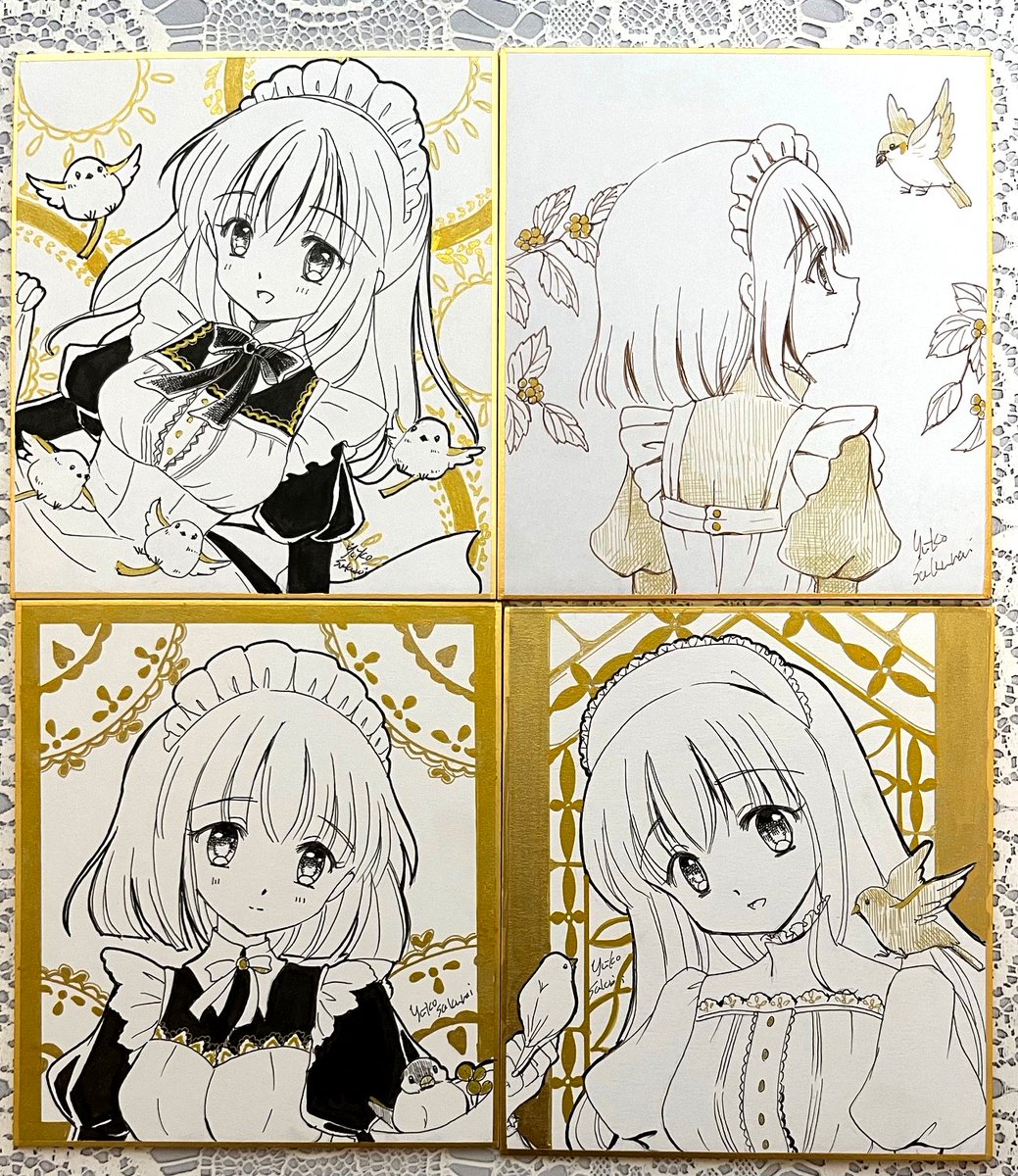 めい様　製作ページ 2/22のコミティア155で販売の色紙4枚です メイドさんと小鳥を描きまし