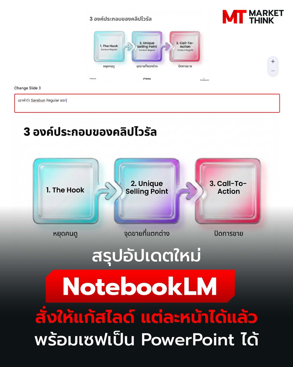 สรุปอัปเดตใหม่ NotebookLM สั่งให้แก้สไลด์ แต่ละหน้าได้แล้ว พร้อมเซฟเป็น PowerPoint ได้

ล่าสุด NotebookLM อัปเดตใหม่ ให้เราสามารถสั่งแก้สไลด์แต่ละหน้าที่ใช้ AI สร้างขึ้นได้ ในกรณีที่เราอยากเปลี่ยนเนื้อหาด้านใน 
marketthink.co/70373