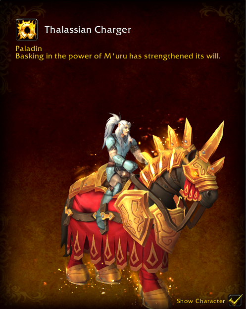 The Human and Blood Elf Paladin Charger mounts have now been updated with the new HD model