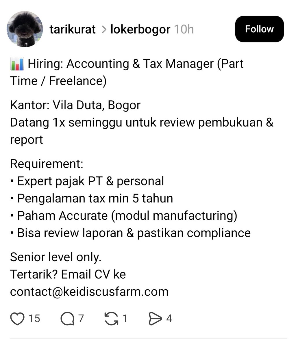 AkuntanMilenial's tweet image. #lokercot
#lokerakuntansi
#lokerpajak

Bisa seminggu sekali mampir ke (puncak) bogor