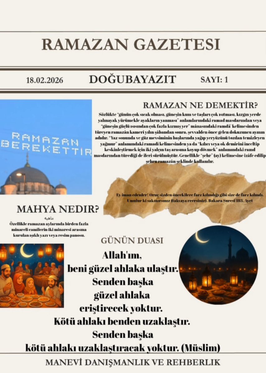 RAMAZAN GÜNLÜĞÜ: 
GENÇLİĞİN MANEVİ PUSULASI
Hayatın koşuşturması içinde yolu bulmak, kalbi dinlendirmek ve Ramazan’ın bereketini doğru adımlarla karşılamak amacıyla Gençlik Koordinatörlüğümüz ile Manevi Danışmanlık Bürümüz tarafından hazırlanan Günlük Ramazan Gazetesi.