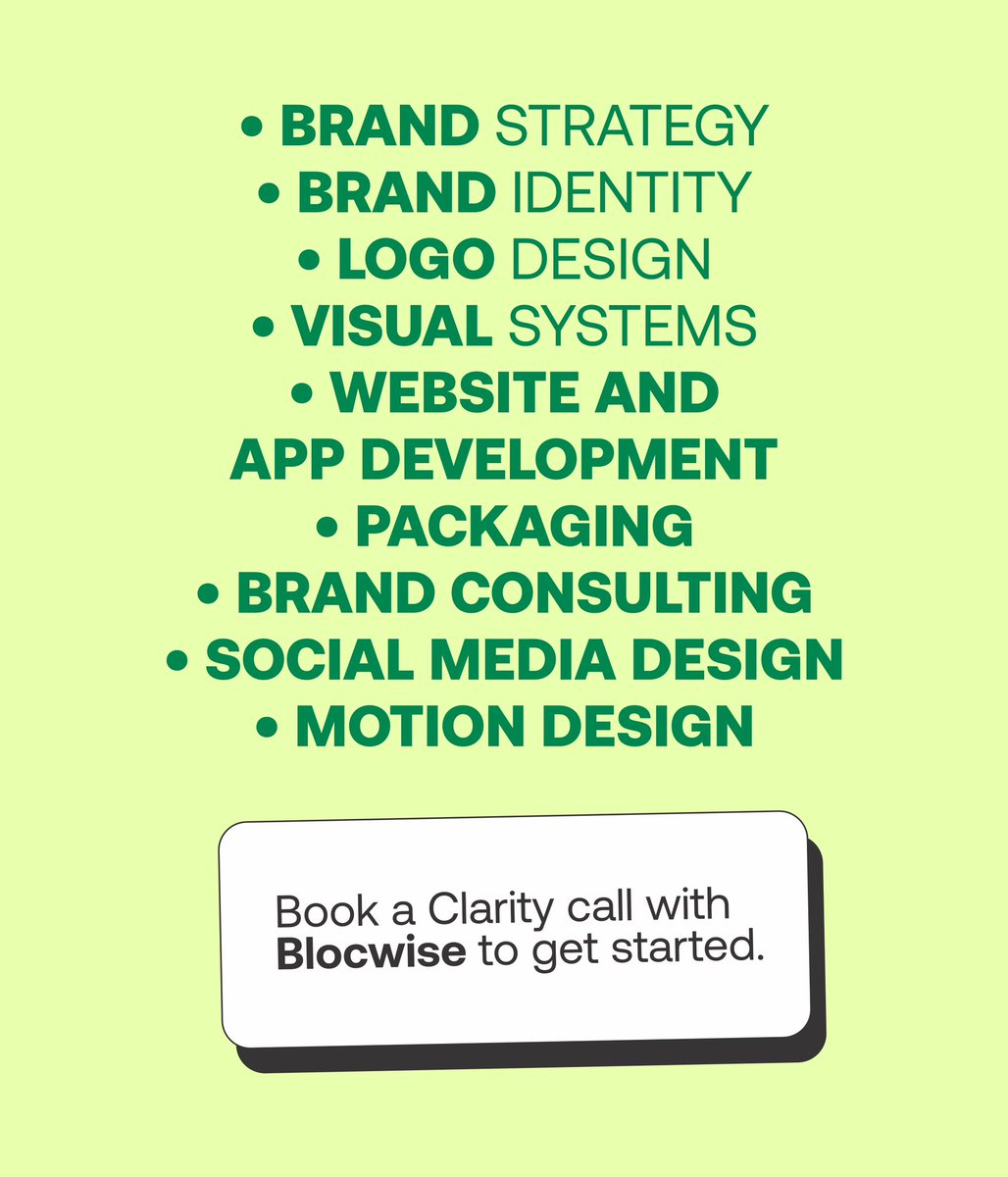 heyblocwise's tweet photo. What we offer is not design.
It’s direction.

Brands don’t grow because they look good.
They grow because they are built right.

Strategy. Identity. Systems. Positioning.
We build brands that outgrow trends.

Send us a DM OR BOOK A CLARITY CALL WITH THE LINK IN BIO. https://t.co/PmMaJDhoul