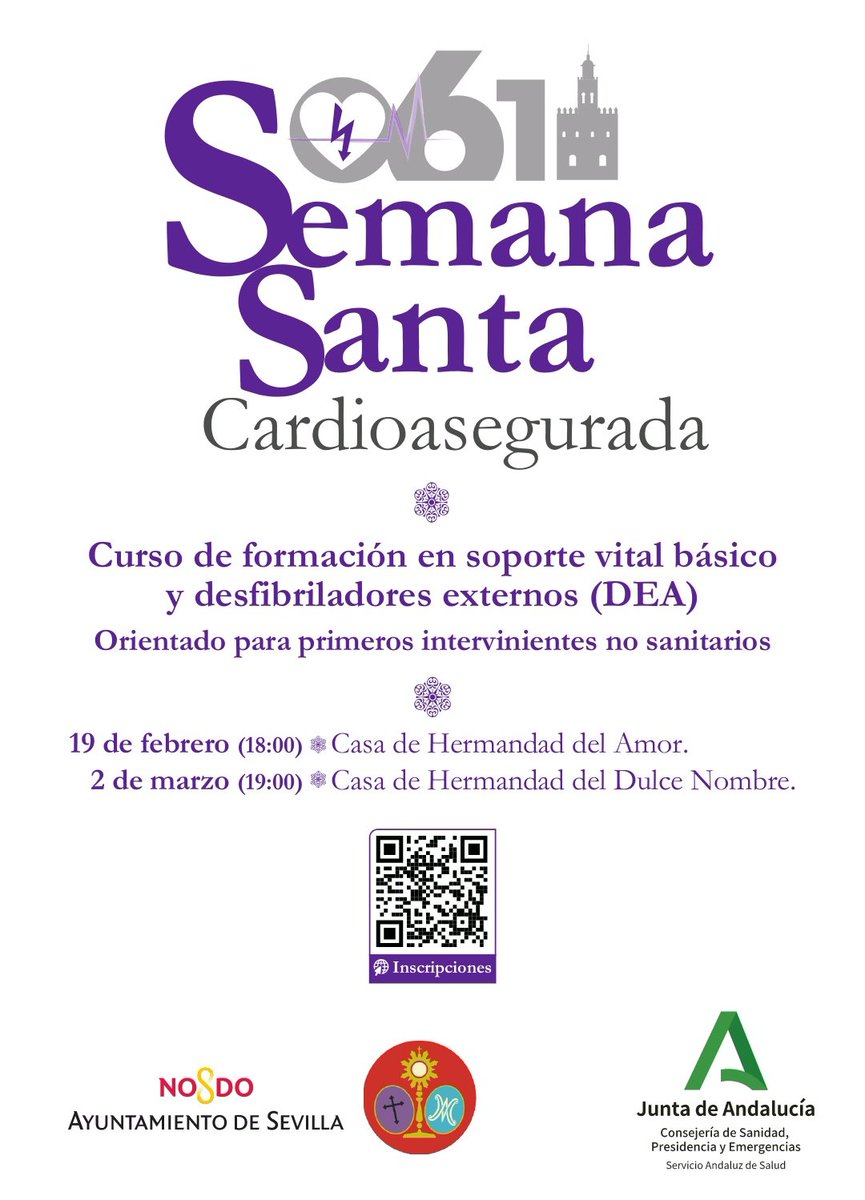 ElConsejoSev's tweet photo. SEMANA SANTA CARDIOASEGURADA | Desde el Consejo de Hermandades y de la mano del #061 impulsamos un nuevo año el curso de formación en Soporte Vital Básico y uso de Desfibriladores Externos (DEA), dirigido a primeros intervinientes no sanitarios, con el objetivo de seguir cuidando de nuestros hermanos y de toda la ciudadanía en Semana Santa.

Ayer se celebró la primera sesión en la @Hdad_Amor, a la que agradecemos su acogida ante una elevada participación.

La próxima cita será:
🗓 2 de marzo | 19:00 h
📌 Casa de Hermandad del Dulce Nombre

👉 Inscripciones abiertas a través del código QR del cartel.

Una iniciativa realizada con la colaboración de @saludand y @Ayto_Sevilla, para una Semana Santa más preparada, más segura y más humana.

#SemanaSantaCardioasegurada 
#SSantaSevilla26