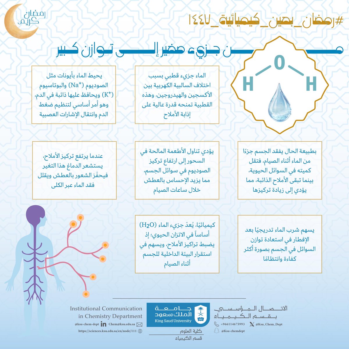 🌙 مع #شهر_رمضان
تعود سلسلة #قسم_الكيمياء_KSU
#رمضان_بعين_كيميائية 1447هـ

في #الصيام لا تتغير العادات فقط، بل تنضبط داخل أجسامنا تفاعلات دقيقة تنظّم الماء، الأملاح، الطاقة والهرمونات… في مشهد #كيميائي مدهش.

ترقبوا رحلتنا العلمية طوال الشهر

<a href="/_KSU/">جامعة الملك سعود</a> 
<a href="/KSU_FC/">المدينة الجامعية للطالبات</a> 
<a href="/CSCIENCE_KSU/">كلية العلوم-جامعة الملك سعود</a>