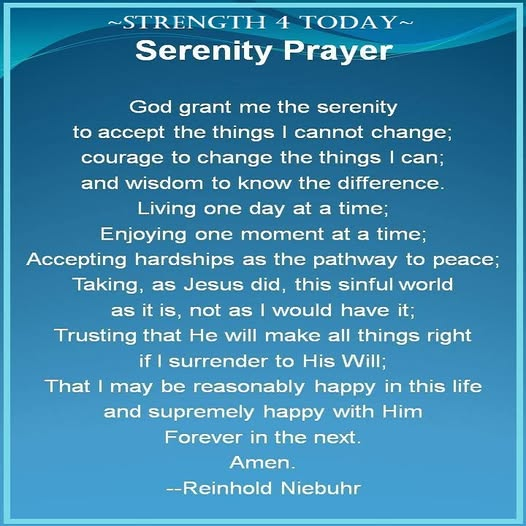 Strengthfor2day's tweet image. Serenity Prayer
GOD, grant me the serenity
to accept the things
I cannot change,
Courage to change the
things I can, and the
wisdom to know the difference.
Living one day at a time;
...

AMEN 🙏
#SerenityPrayer #LongVersion #God #Lord #Jesus #RecoveryPosse #Strengthfor2day