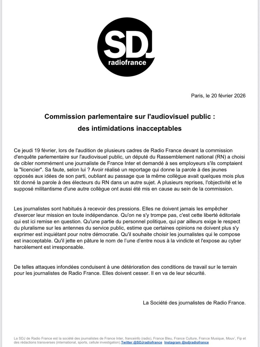 Commission d’enquête sur l’audiovisuel public : des intimidations inacceptables. 
Notre dernier communiqué 👇
