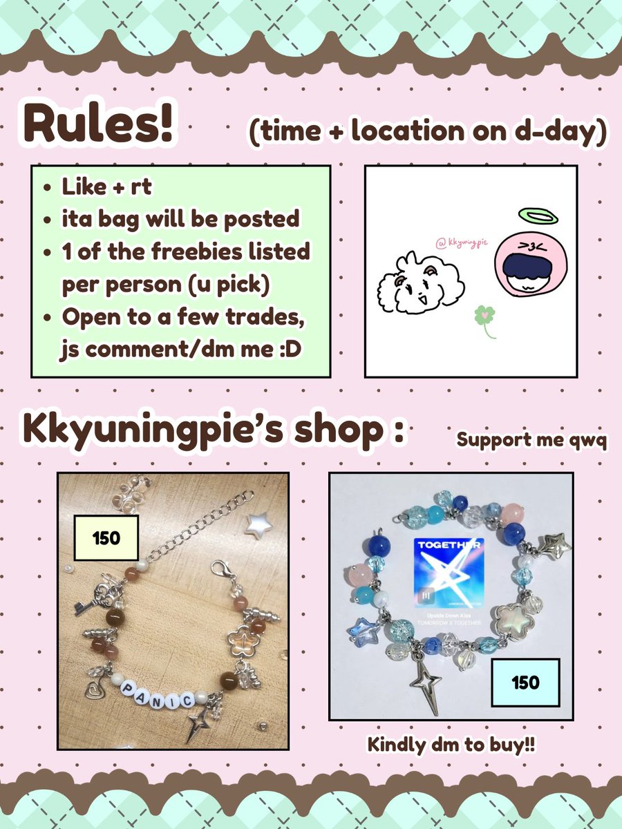 kkyuningpie's tweet photo. + * Wonders at 5:53 txt funmeet
Freebies handmade by @kkyuningpie ( ᴗ͈ˬᴗ͈)ഒ

Keychains, pins, and bracelets!!

~ 1:1 >,<
~ like + rt, show ss 2 me
~ open to a few trades dm me

more info + paid fs in 2nd pic! Cyu there :D

#DunkinPH_TXT #TXT
#DunkinPH_WondersAt553 https://t.co/sKaS9UCfes