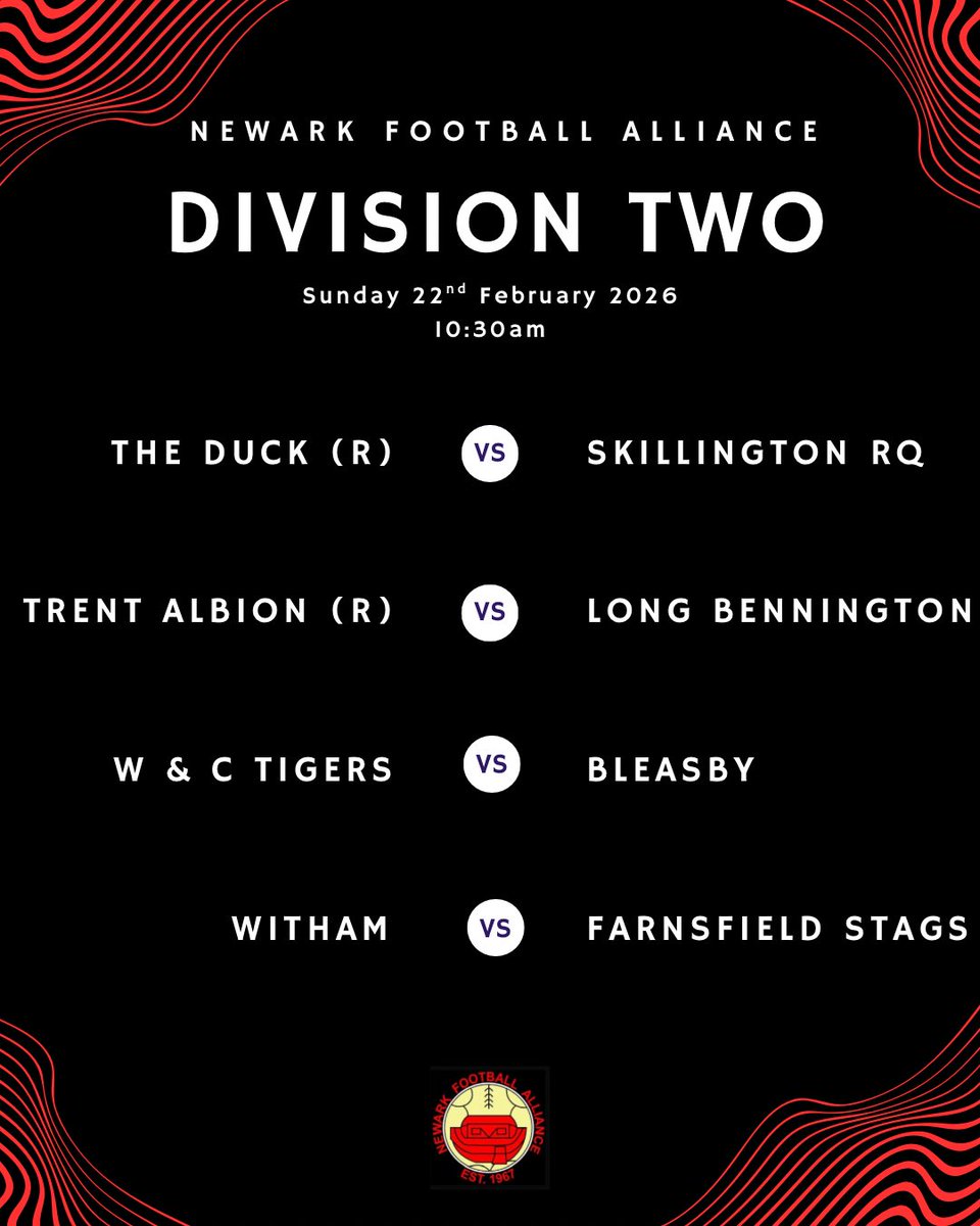 ⚽️𝗪𝗲𝗲𝗸𝗲𝗻𝗱 𝗙𝗶𝘅𝘁𝘂𝗿𝗲𝘀
📆𝗦𝘂𝗻𝗱𝗮𝘆 𝟮𝟮𝗻𝗱 𝗙𝗲𝗯𝗿𝘂𝗮𝗿𝘆 𝟮𝟬𝟮𝟲

Good Luck to those competing in the Nottinghamshire County Cup &amp; Willie Hall Quarter Finals.
