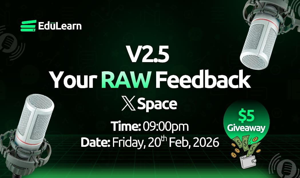 GM EduFam 💚

It’s tonight!!

We’re live at 9PM to talk about V2.5, the updates on EduLearn, and what we’ve been working on over the past few weeks.

There’s a $5 giveaway for one person.
To be eligible: repost, tag 3 friends, and be present in the Space.

9PM , Be there💚