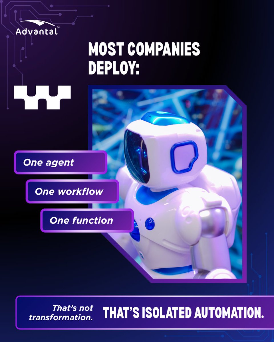 Advantal's tweet photo. Still calling one AI agent “transformation”?

Let’s be honest.
One agent = one task.
Enterprises don’t run on tasks. They run on coordination.

If your AI can’t manage workflows, shared context, integrations &amp; parallel execution — it’s automation, not architecture. 👇 https://t.co/oT828T6Qnj