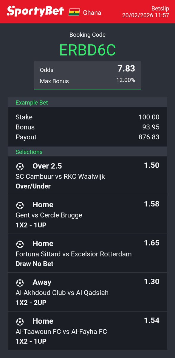 ProfOfOdds's tweet image. Booking Code: ERBD6C
Total Odds: 7.83

Bet Responsible 🔞