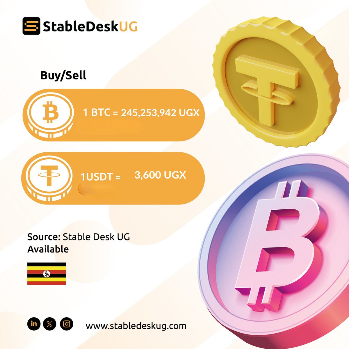 🚨 CRYPTO MARKET UPDATE: BTC up by  1.92% in 24hrs! 📉
Latest Prices in UGX 
1 USDT ≈ 3,600
1 USDC ≈ 3,600
1 BTC = 245,253,942.87
1 ETH =   7,081,131.03 
1 SOL = 303,896.16 
What's your play? #CryptoUG #Bitcoin #MarketUpdate