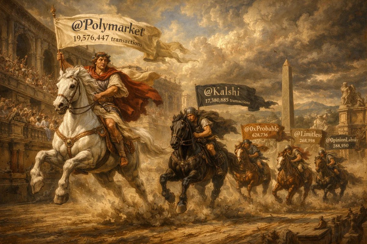 polyburg's tweet photo. Top 5 Prediction Markets by Weekly Transactions:

1: 19,576,447 @Polymarket
2: 17,380,885 @Kalshi
3: 628,736 @0xProbable
4: 269,998 @Limitless
5: 268,950 @opinionlabsxyz

Polymarket leading the pack! Data via @Predictefy https://t.co/yPYmBgecqr