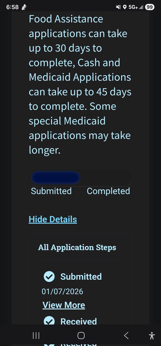 PopKingsQueen's tweet photo. I think @MyFLFamilies has it backwards. 1 day for medicaid renewal. 44 and counting for food stamps. https://t.co/cq6SrWx7Cn
