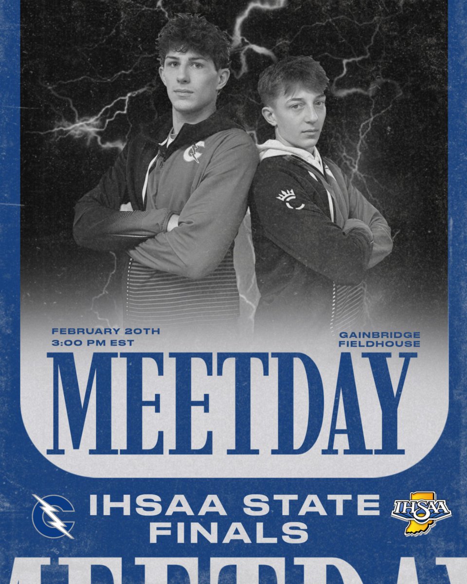State Finals day! Come support our Chargers as they compete to place in the 2026 IHSAA State Finals. Parade of Champions starts at 2:30, weight classes 150-285 starts at 3:00 and weight classes 106-144 starts at 6:00.