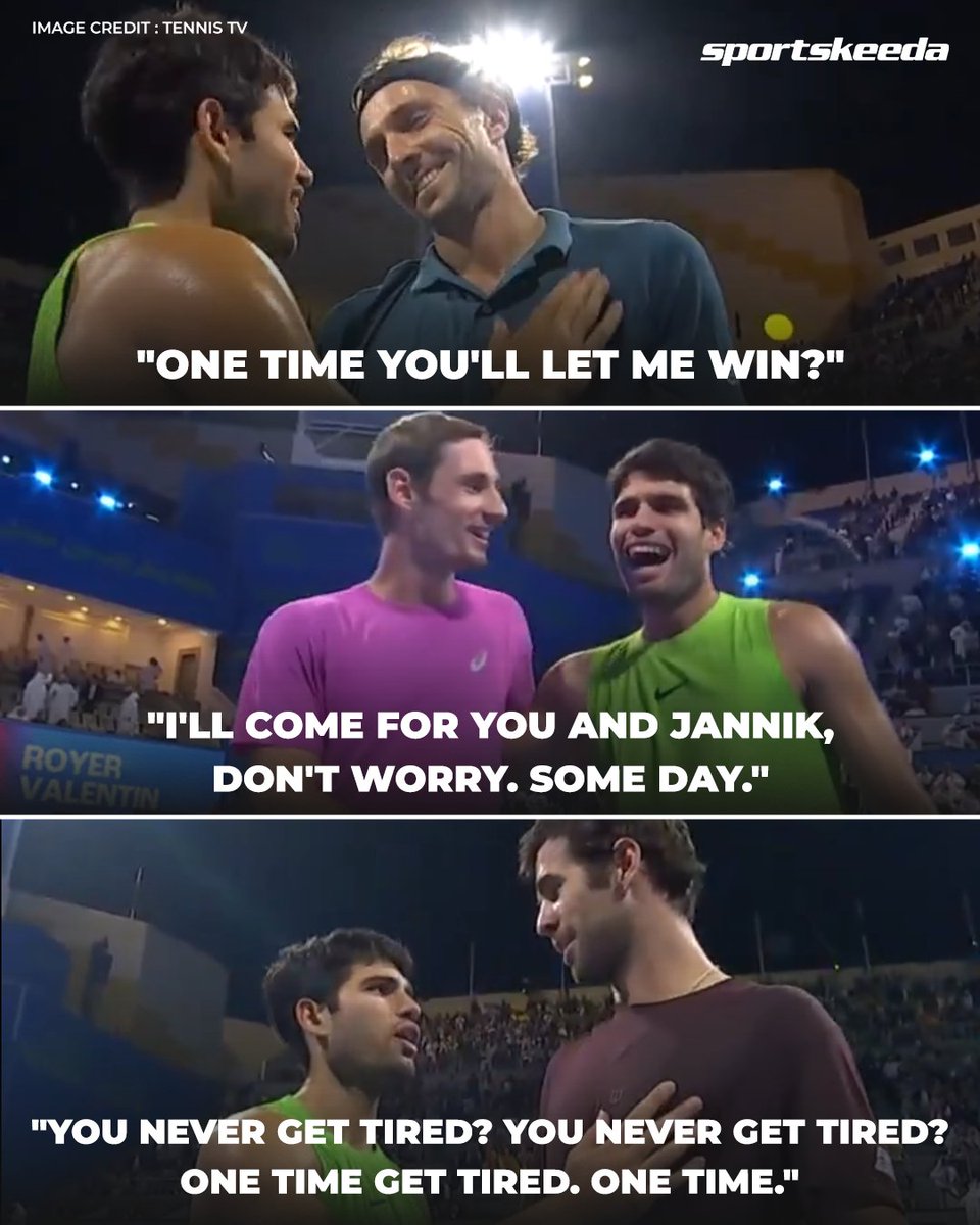 SK__Tennis's tweet photo. Carlos Alcaraz’s last three opponents at the net be like…😂🎾

#CarlosAlcaraz #ATP #DohaOpen https://t.co/YzOXLeNTU0
