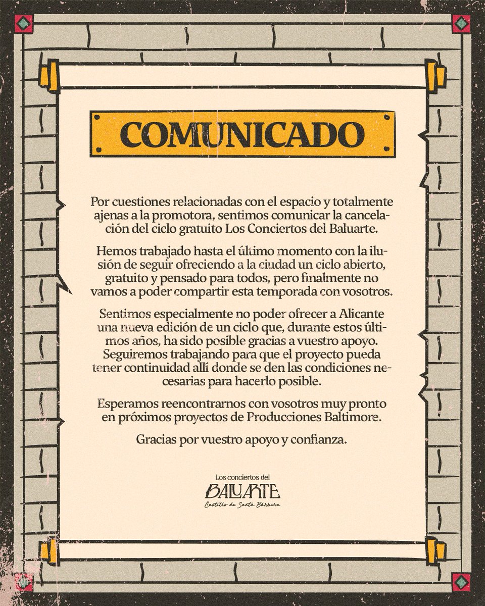 🔴Comunicado oficial de cancelación de Los Conciertos del Baluarte.