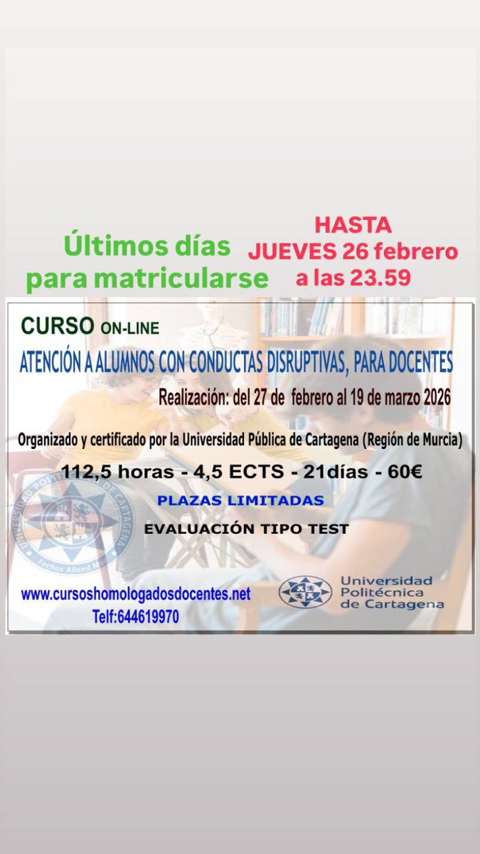 👉CURSO 100% ONLINE CERTIFICADO E IMPARTIDO POR LA UNIVERSIDAD PUBLICA UPCT DE MURCIA    
👉Más información de éste y de otros cursos en    
👉👉Web: 
cursoshomologadosdocentes.net/cursos-de-110-…
👉👉Teléfono de contacto: 644619970 (también whatsaap)