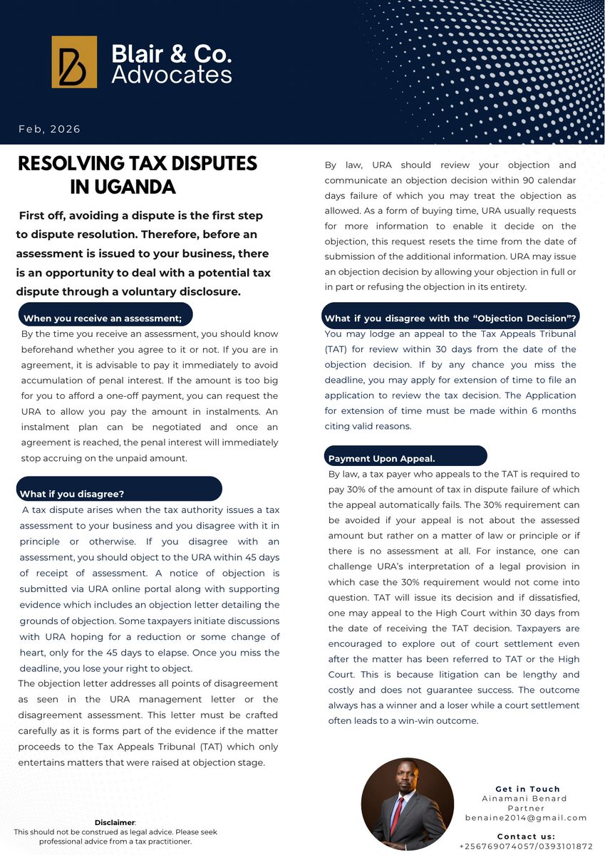 BlairAdvocates's tweet photo. A tax assessment from URA is not a conclusion. It is the beginning of a structured legal process. You have 45 days to lodge a valid objection. URA is required to issue an objection decision within 90 days. An appeal to the Tax Appeals Tribunal must be filed within 30 days. https://t.co/4xdHsMqhbE
