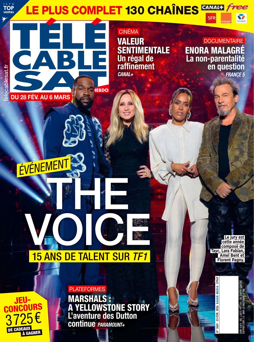 En Une du dernier numéro de <a href="/TelecableSat/">Télécâble Sat Hebdo</a>, les coachs de <a href="/TheVoice_TF1/">The Voice ✌️</a> <a href="/amel_bent/">AMEL BENT</a>, <a href="/LFabianOfficial/">Lara Fabian</a>, <a href="/florentpagny/">Florent Pagny</a> et <a href="/TaycOfficiel/">T A Y C</a> ✌️🏻🎤
15 ANS DE TALENT SUR TF1

Rdv le samedi 28 février prochain, dès 21H10, sur <a href="/TF1/">TF1</a>  !