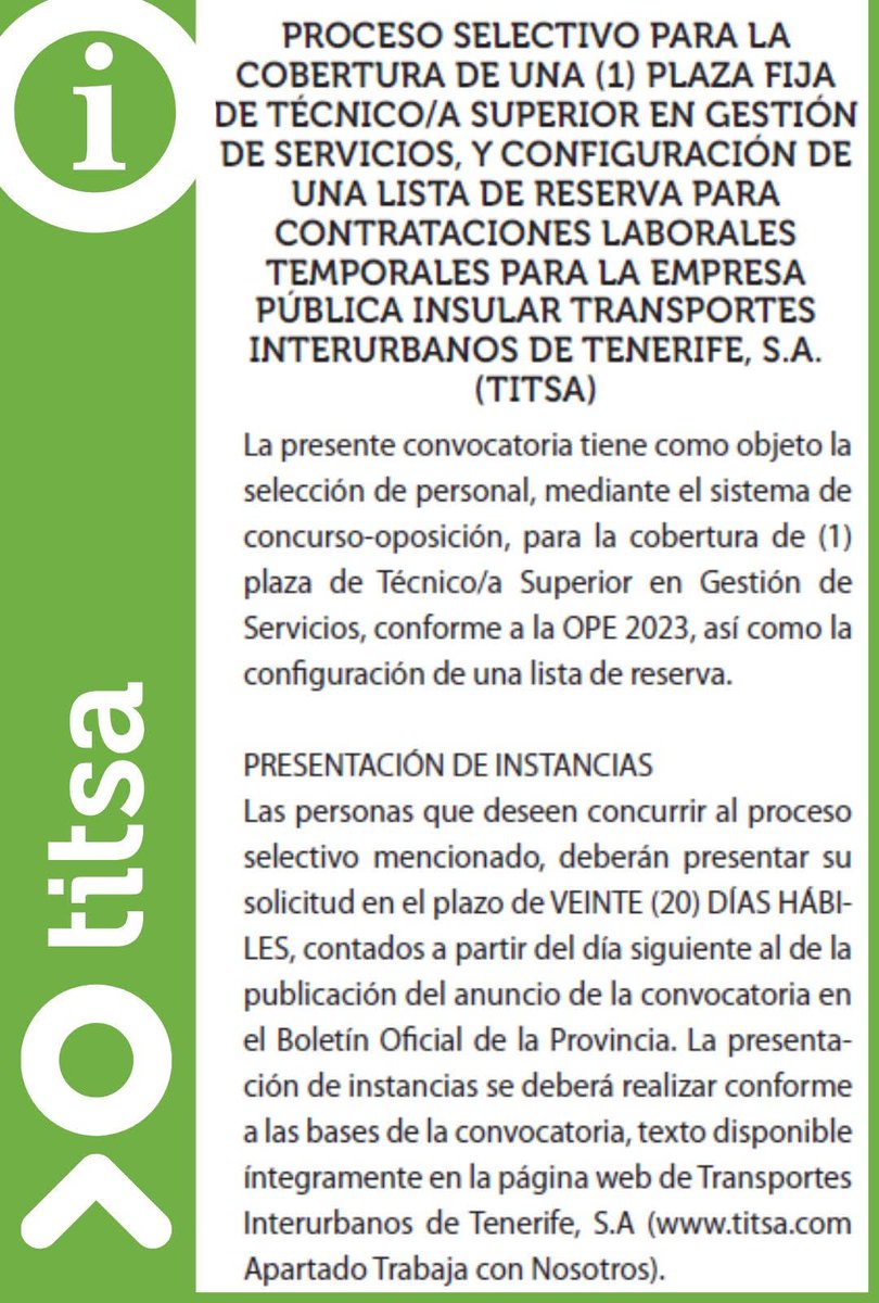 SCEmpleo's tweet image. #TITSA empleo ✔️ Técnica/o Sup. Gestión Servicios y configuración lista reserva para contrataciones laborales temporales. 
(Grado Ingeniería Informática)
👉 titsa.com/index.php/tits…
Plazo de presentación de solicitudes: del 16/02 al 16/03/2026 (ambos inclusive)
#empleoTenerife #Da