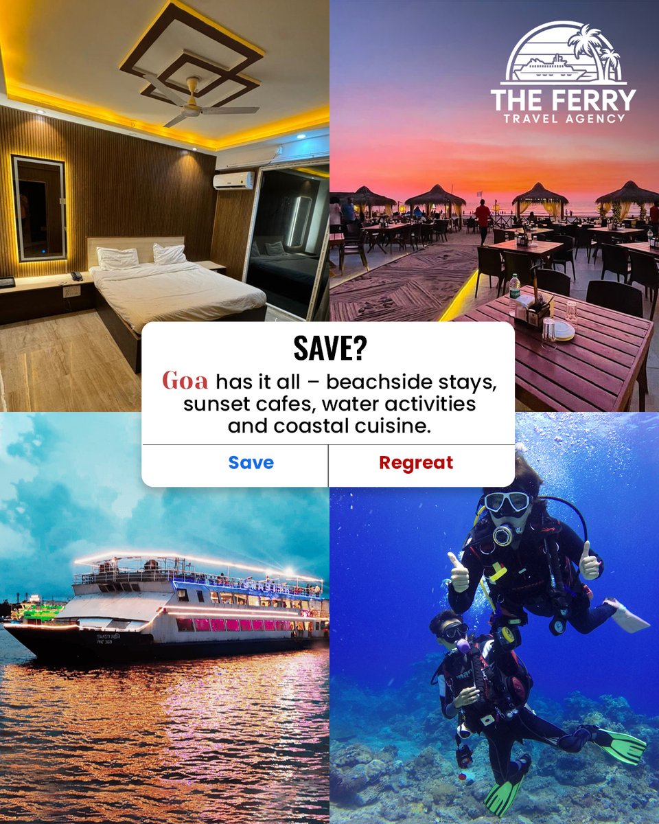 AgencyFerry's tweet photo. Save now. Thank yourself later 😉🌴
Beach stays 🏖️ | Sunset cafés 🌅 | Cruise nights 🚢 | Water adventures 🤿

Goa is calling!
Book with 𝐓𝐡𝐞 𝐅𝐞𝐫𝐫𝐲 𝐓𝐫𝐚𝐯𝐞𝐥 𝐀𝐠𝐞𝐧𝐜𝐲 📞 +91 9306175176

#GoaTrip #GoaVacation #TravelDeals #BeachHoliday #TheFerryTravelAgency https://t.co/p7Q8gAAYYX