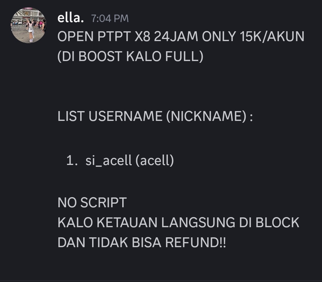 open ptpt x8 24jam buat event purple moon besok, gass yukk sesi 2 niii, ada grup di dc yaakkk, dc nya gak pasif kok seruuu, oiyaa nanti jam 9 malam aku ada free boost x8 sampe jam 6 pagi.
Link dc : discord.gg/hyK8Weyqb