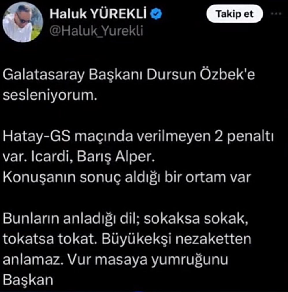 yeni görüyorum bu paylaşımı..

zamanında bu tweet'i bir Fenerbahçeli atmış olsaydı hala içeride olabilirdi!!

ve bu kişi aynı üslupla, aynı holiganlık, aynı yalanlarla iftiralarla <a href="/343_digital/">343</a> ve daha önemlisi <a href="/tv100/">TV100</a> gibi ulusal kanalda konuşmaya devam ediyor!